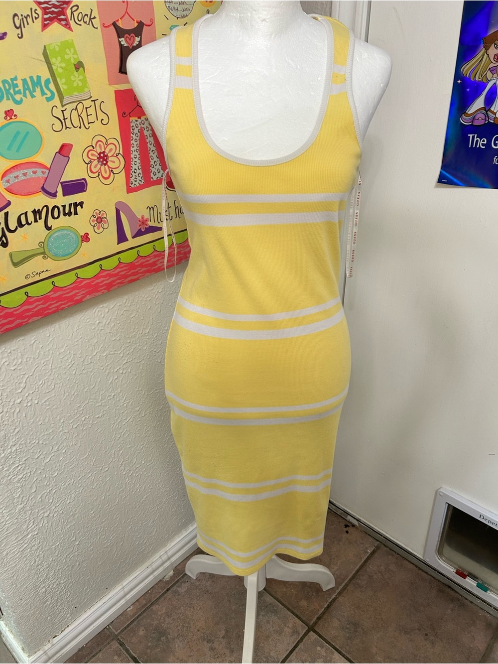 Guess Yellow and White Striped Midi Dress